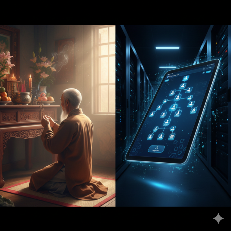 Ông và cháu gái cùng xem ứng dụng Dòng Họ Việt, tượng trưng cho việc thực hiện các nghi lễ ngày giỗ truyền thống và kết nối thế hệ.