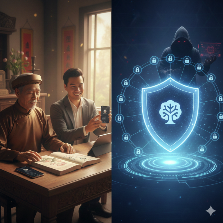 Một ông lão và cháu gái đang vui vẻ xem cây gia phả trên điện thoại thông minh, bên cạnh là một cuộn gia phả truyền thống, thể hiện sự kết nối giữa các thế hệ.