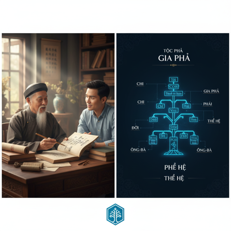 Giao diện ứng dụng Dòng Họ Việt hiển thị dữ liệu gia phả trên điện thoại thông minh, được ông và cháu gái cùng xem xét.