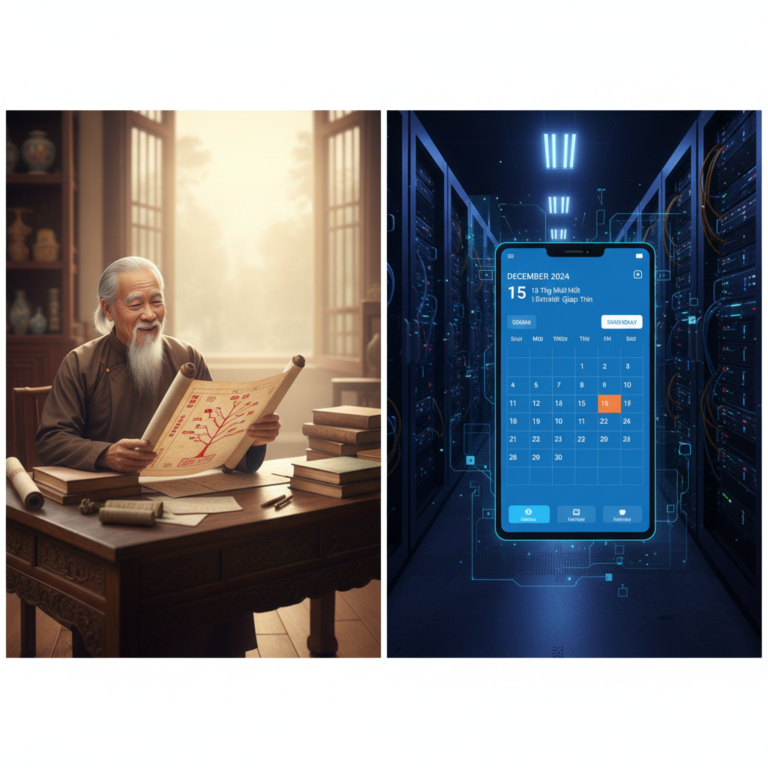 Hình ảnh ông và cháu gái cùng xem ứng dụng Dòng Họ Việt, tượng trưng cho việc hiểu và áp dụng sự khác biệt giữa lịch âm và dương trong việc ghi nhớ ngày giỗ.