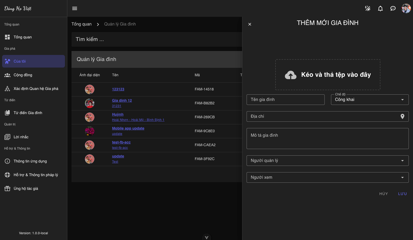 Giao diện tạo mới Gia Đình/Dòng Họ trên ứng dụng Dòng Họ Việt
